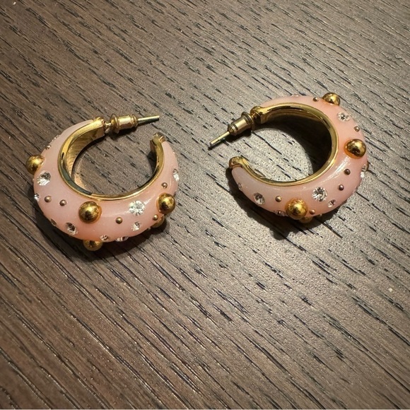 Celine Phoebe Philo Peach-Pink Enamel Hoop Earrings – Gold Studs & Crystals - Picture 5 of 6